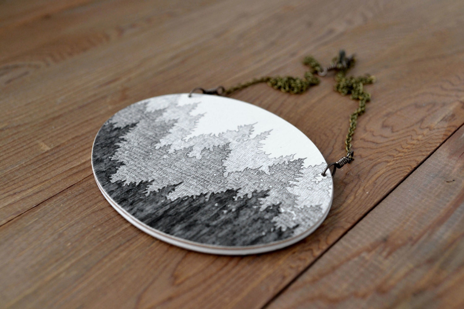 Large Boreal Necklace in Antique Black and Graphite - Hand Painted Tree Artwork Pendant