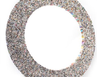 colorful round mirror, wall art- made from recycled magazines, blue, green, red, purple, pink, yellow, orange
