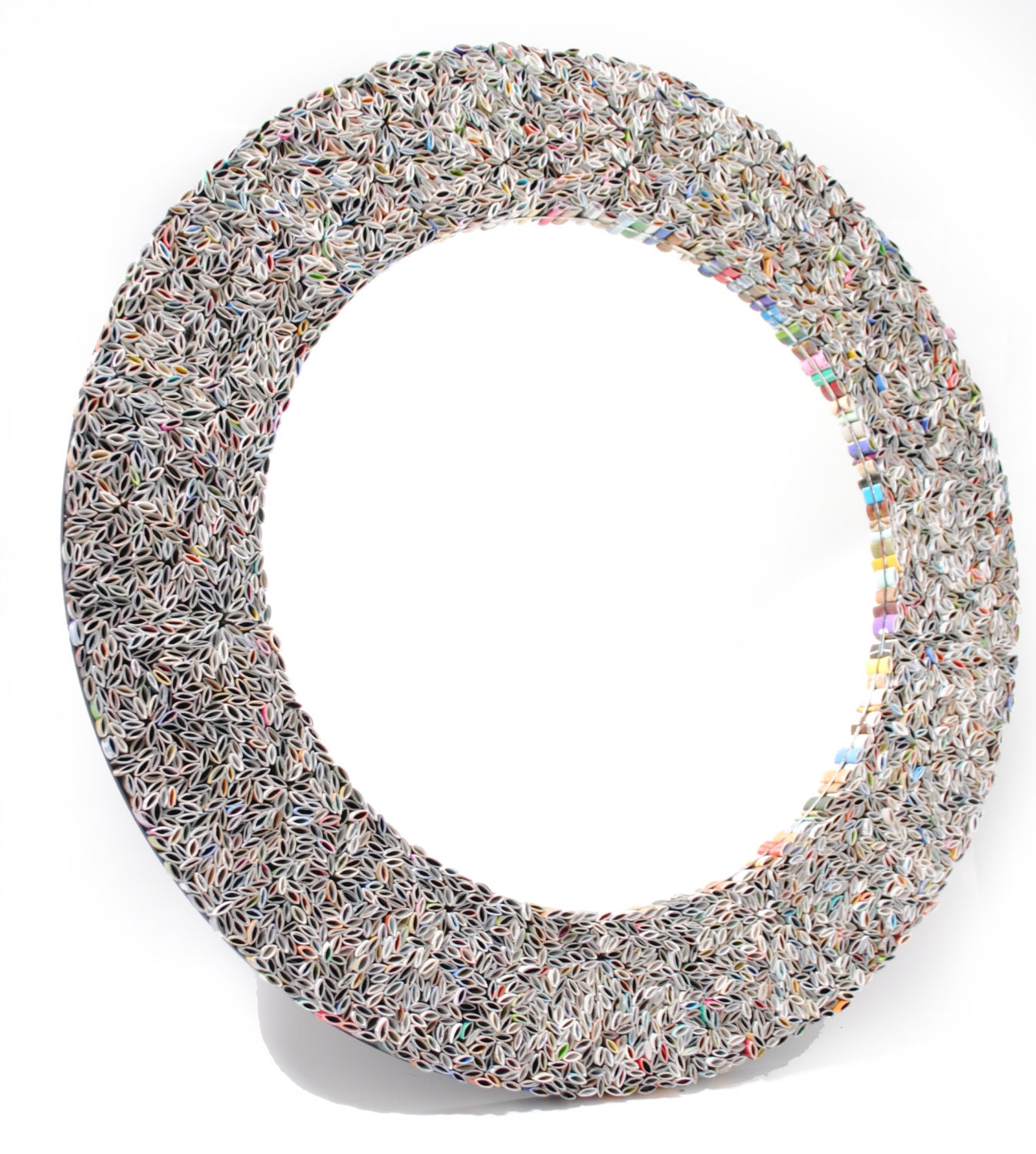 colorful round mirror, wall art- made from recycled magazines, blue, green, red, purple, pink, yellow, orange