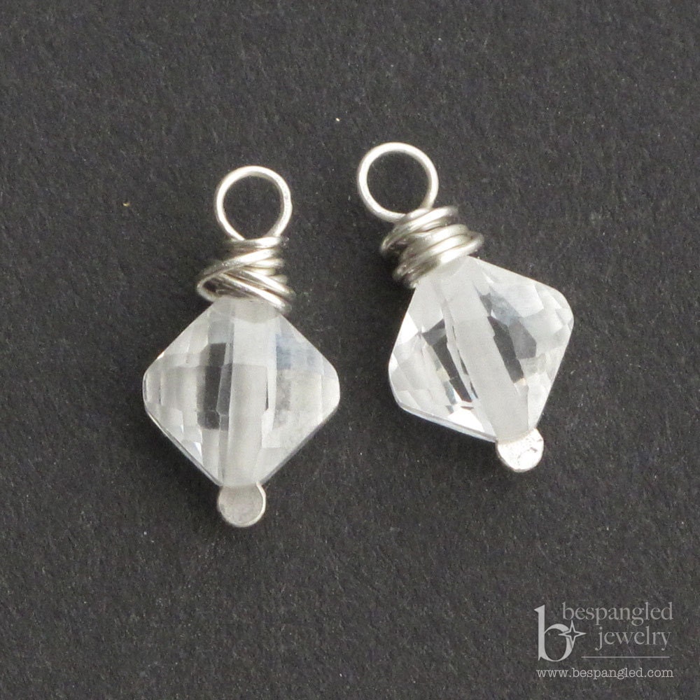 Clear CZ Crystal Diamond Shaped Charms, Matched Set of 2, 14k gold filled or sterling silver Wire wrapped Stone Drops for Earrings (1 PAIR)