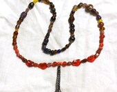 50% off Sale - Glass Beaded Necklace with Marble Pendant - Red and Purple