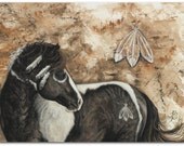 Majestic Mustang Pinto Horse Native American Feathers ArT Nagi 52 -  8.5 x 11 Print by AmyLyn Bihrle