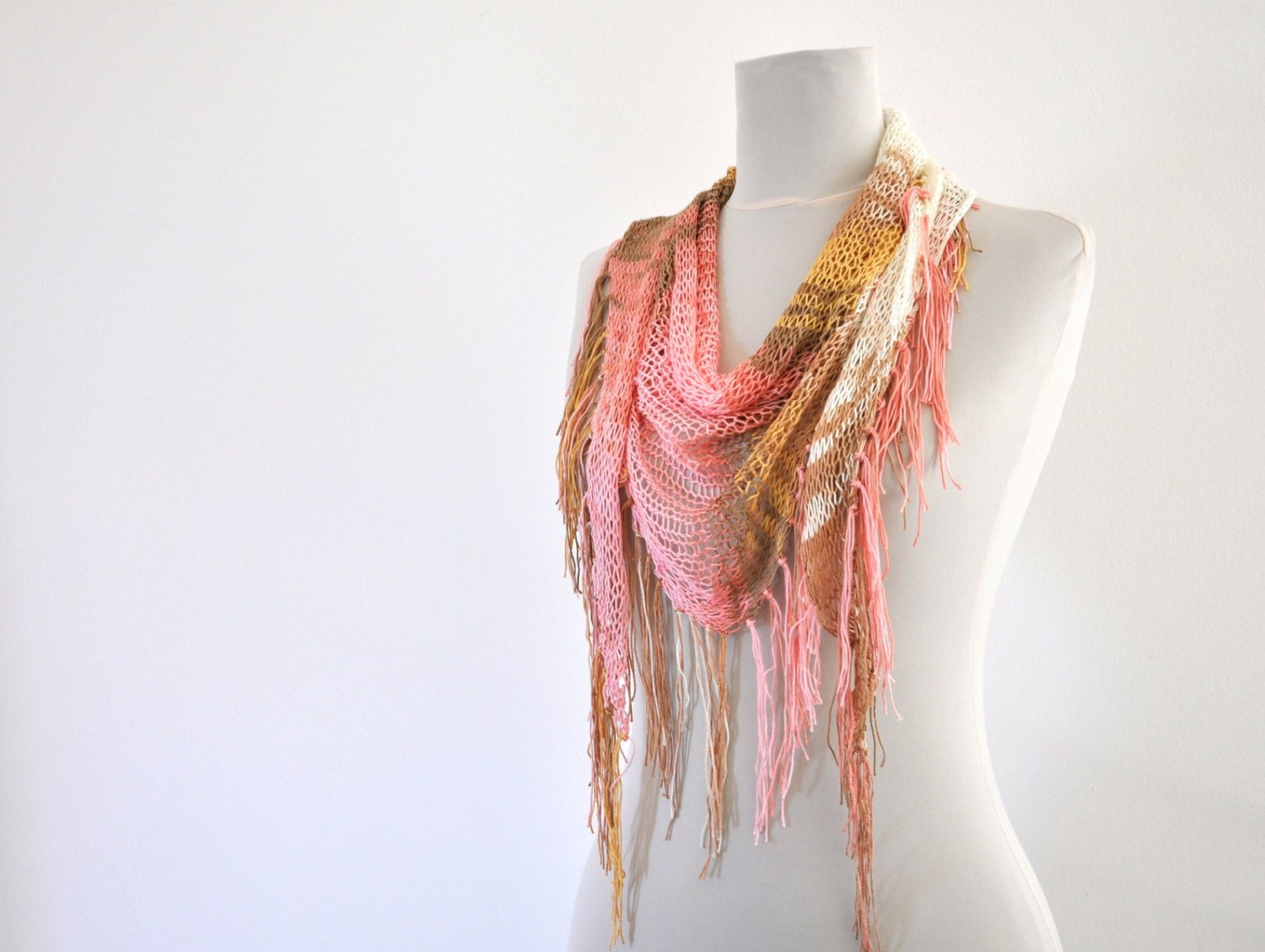Scarf Fringe Shawl Knit Scarf Stole Triangle Soft Spring Summer Fashion Rose Peach Brown Yellow Ivory