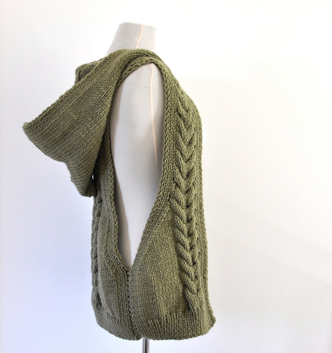 Womens Sweater Cardigan Hooded Vest Hand Knit Sage Green Pastel