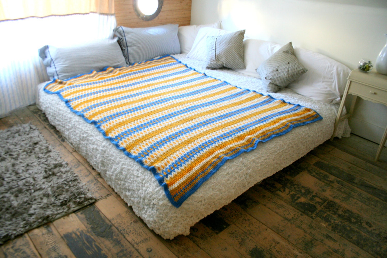 Vintage Gold And Blue Stripe Crochet Bed Spread