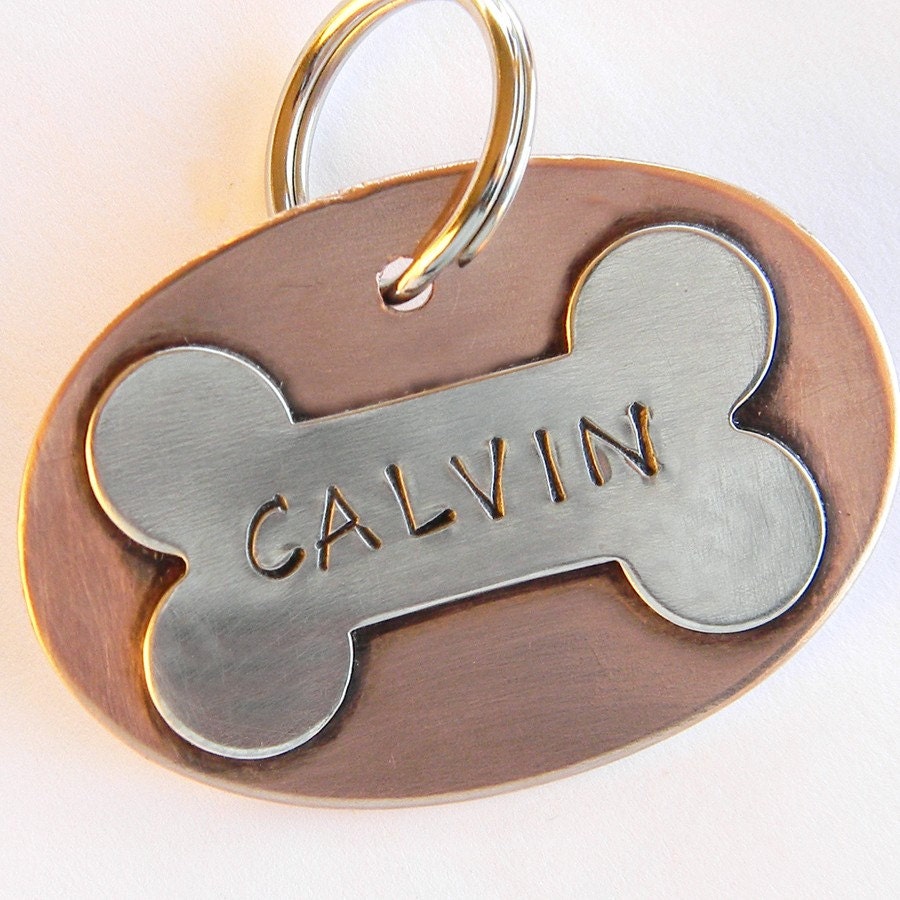 CALVIN - Personalized Oval Dog Tag With Sterling Silver Bone - Pet Tag