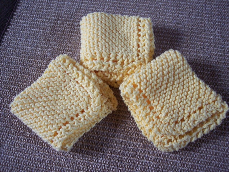 Set Of Three Sunshine Yellow Knitted Cotton Dishcloths