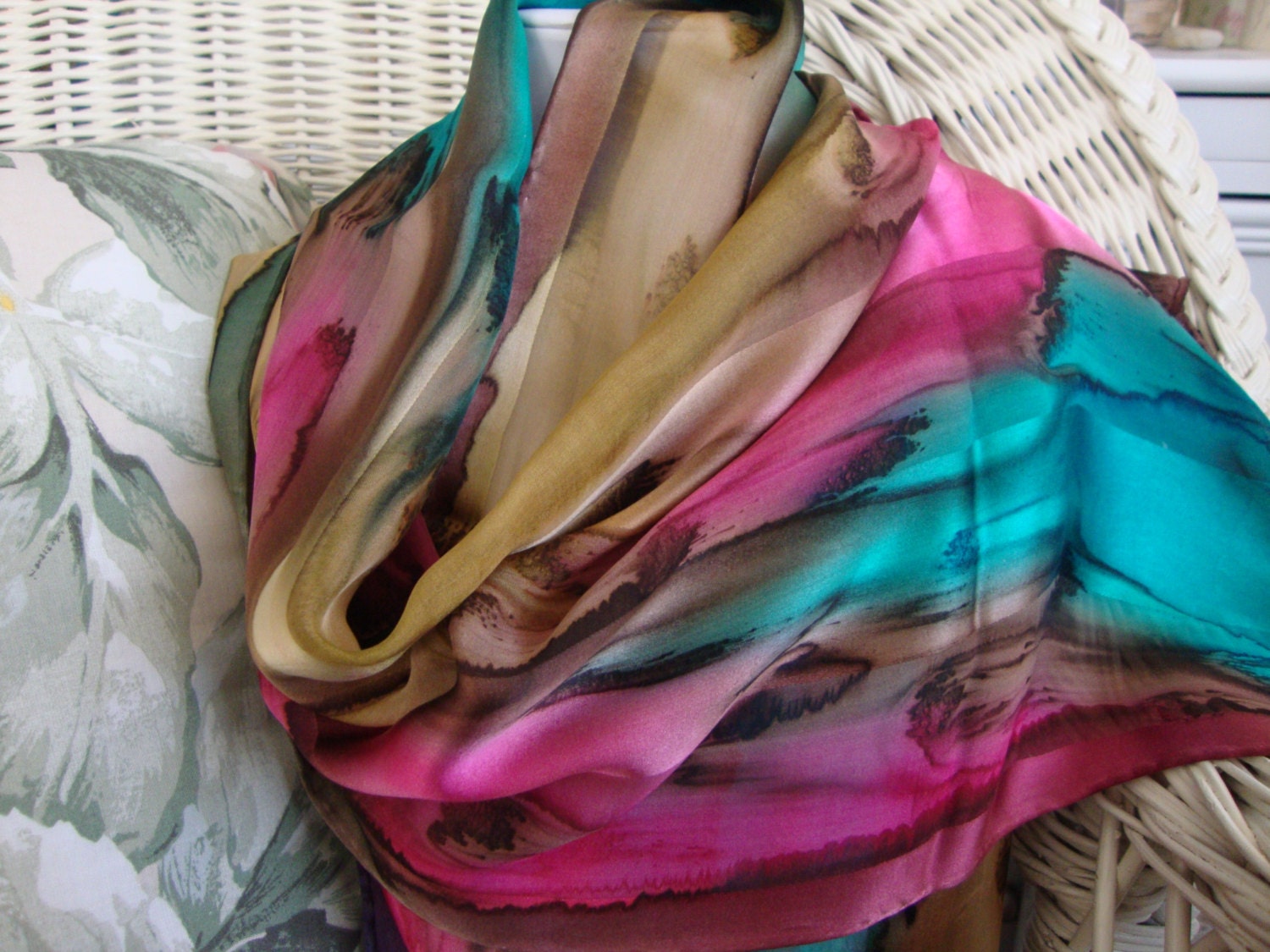Scarf, Silk, Women, Hand Dyed, Island Sunrise Silk Scarf, Chestnut Hot Pink Seabreeze Havanis