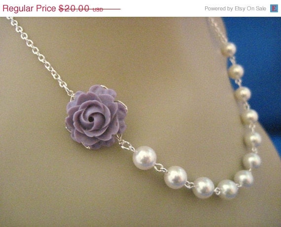 ON SALE Wedding Jewelry Amethyst Purple Rose and White Pearl Bridesmaid Necklace