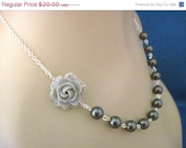 ON SALE Bridesmaid Necklace Light Gray Rose and Pearl Choice Wedding Jewelry