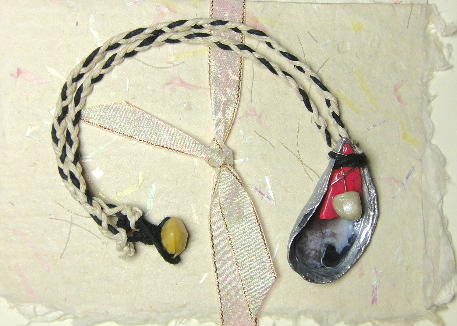 Seashell necklace - pink seaglass - polymer clay pearl - braided hemp - bohemian - beach - gift - handmade