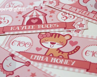 Circus Pink Paper Toy Money or Gift Certificate Printables  - Editable Text PDF-You type in the text to personalize