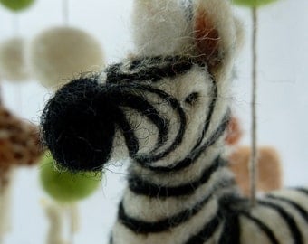 Bright Safari Baby Mobile, 5 figures, 12 Balls, Custom Felted Mobile with Zebra, Lion, Elephant, Giraffe and Egret, lime, teal, white