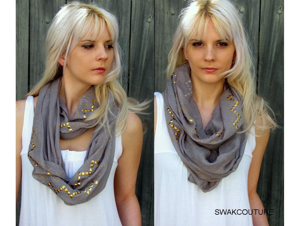 Gold Studded Cotton Eternity Scarf, Gray Cotton Infinity Sheer Scarf with Gold Stud applique  - Gray or Choose Your Color