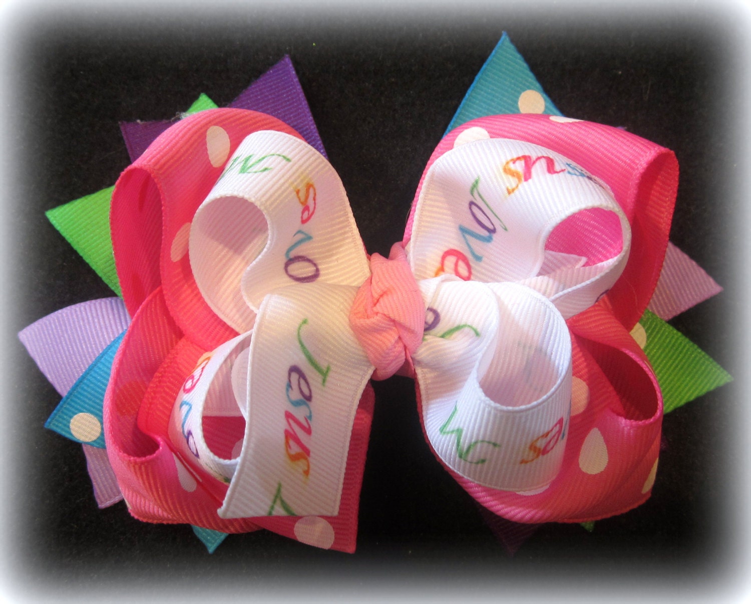 Jesus Loves Me Boutique Hair Bow 3 Layers of Fun Dots and Rainbow Colors