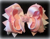 Princess Crown Tiara Triple Layered Hair Bow BIG Boutique Princess Hairbows Pink Diamonds