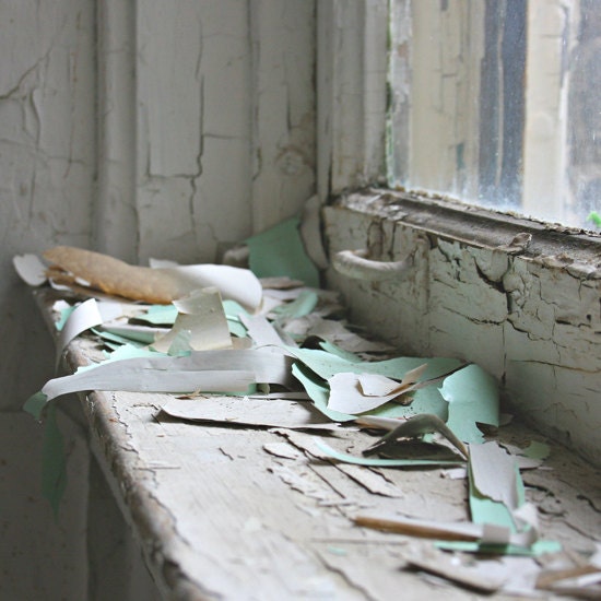 Peeling Paint . 8x8 Fine Art Photography Print . abandoned . urban exploration . window . pastel . mint green . blue . home decor . details