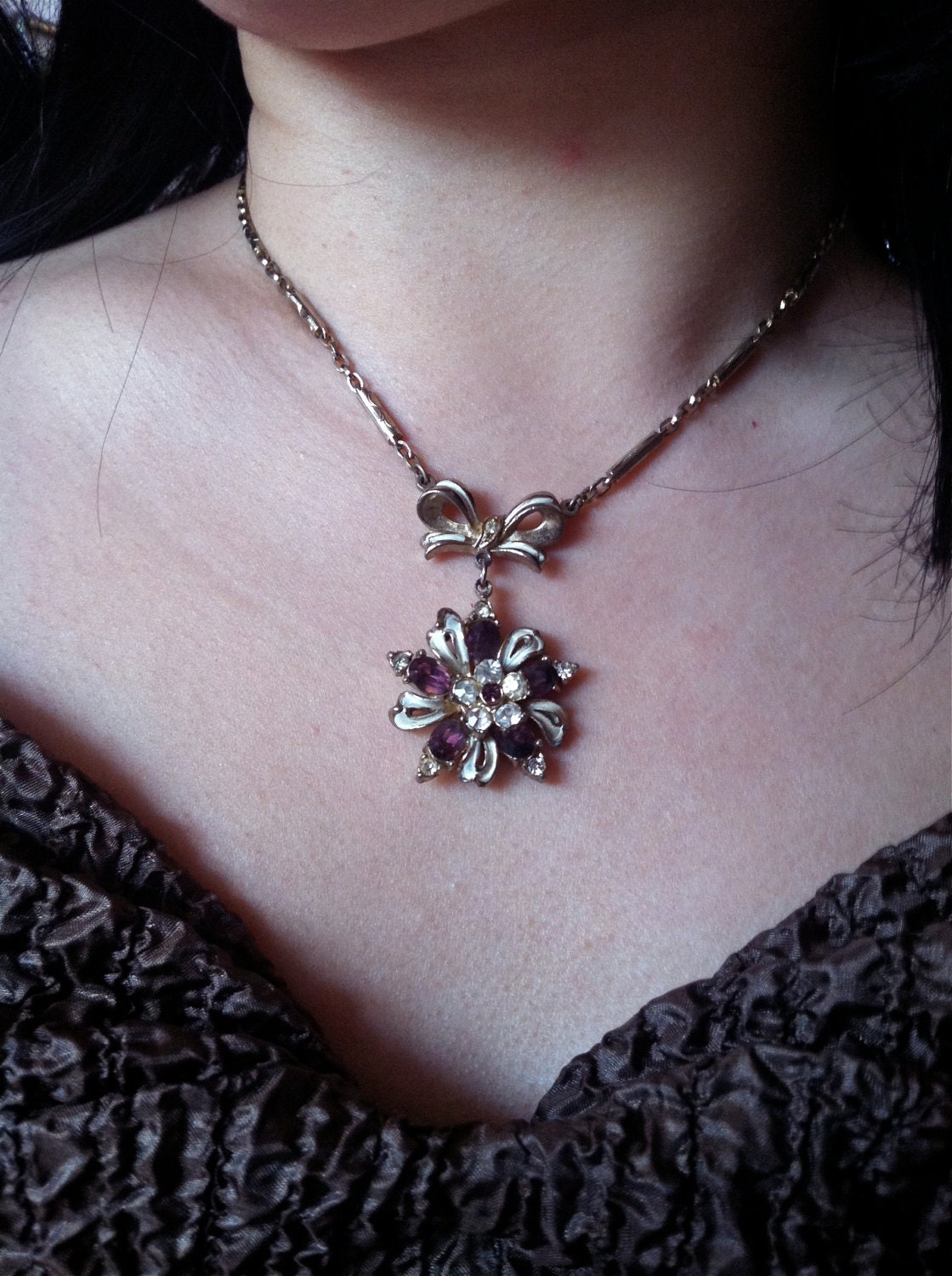 Mad Men Amethyst and Rhinestone Dazzling Floral Necklace