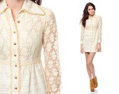 Cream LACE Dress 60s Mod Mini Crochet Gold Button Up 1960s Wedding Party Babydoll 70s Boho Vintage Cotton Dolly Sheer Sleeves Dress Small