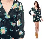 BIRD Print Dress 70s Mini Floral Black Babydoll 1970s Boho RUFFLE Hem Empire Waist Bohemian Vintage Deep V swallow long sleeve Small Medium