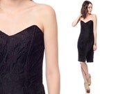 LACE Strapless Dress 80s Black Prom Sweetheart Neckline 1980s BONED Knee Length Vintage Party Cocktail Dress Small