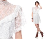 White Lace Dress 70s Mini Boho CAPELET Victorian 1970s Bohemian Wedding Vintage Sheer Cape Ruffle Hippie Party Lacy Extra Small XS