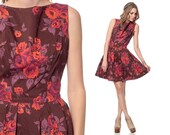 Floral Day Dress 60s Mini LOW BACK 50s Garden Party 1960s Backless PLEATED Full Skirt Mad Men Vintage Brown 1950s Pin Up Prom Small