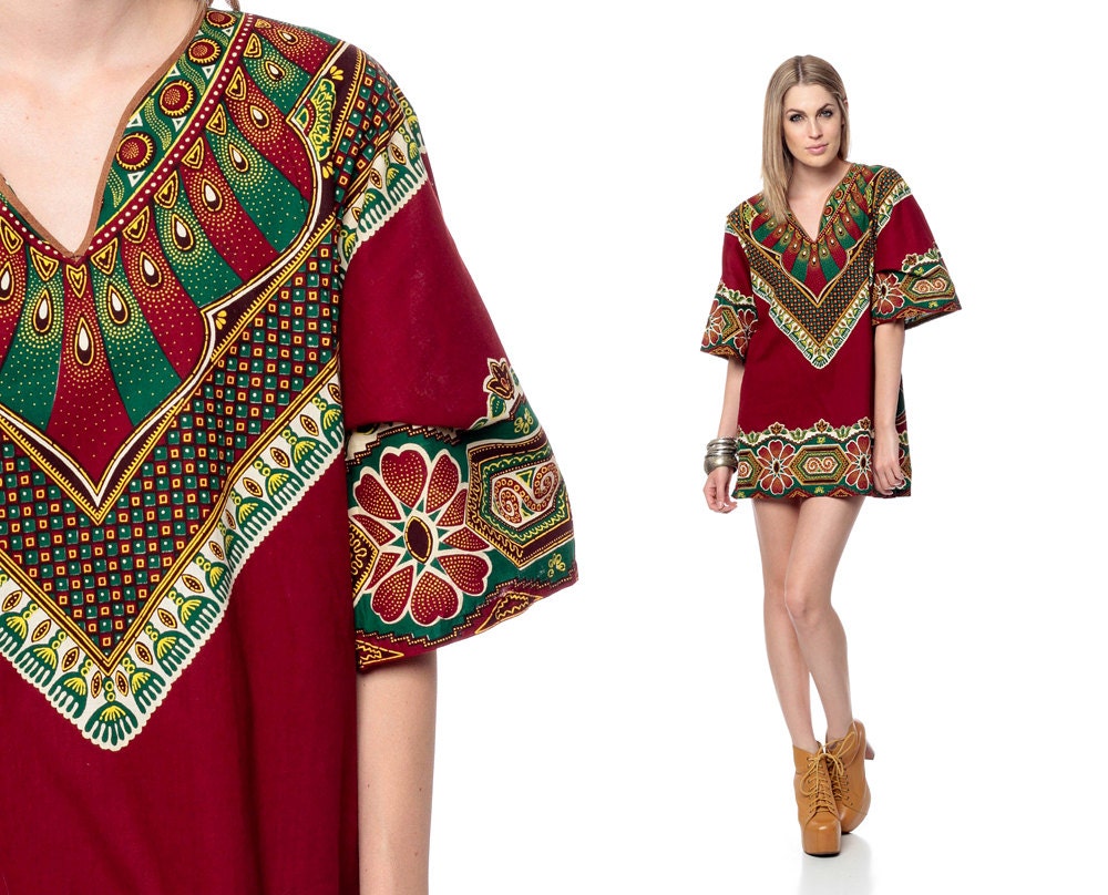 Dashiki Dress 70s Micro Mini Tunic Top Ethnic BELL SLEEVE 1970s Hippie Boho Shirt Cotton Burgundy Bohemian Vintage Extra Small Medium Large