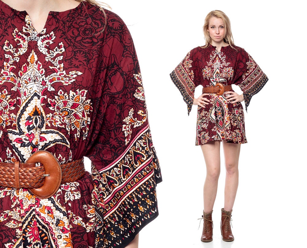 Bell Sleeve Dress 70s Dashiki Mini Ethnic BATIK Cotton Tunic Caftan 1970s Hippie Boho Burgundy Paisley Bohemian Vintage Small Medium Large
