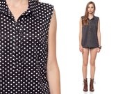 Polka Dot Blouse 70s Black and White Button Up Shirt 80s Sleeveless Tunic Oversized Top Vintage 1970s Secretary Collared Small Medium Large