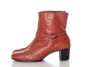 Leather Ankle Boots 80s Booties High Heel Brown Vintage 1980s Buckle Shoes Round Toe 70s Boho Hipster Seventies Short Sienna Zipper 7 7.5 38