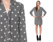 Ascot Dress 60s Mod Necktie POLKA DOT Grey White Mini 1960s Shift Vintage Long Sleeve Sixties Preppy Plus Size MiniDress Extra Large XL