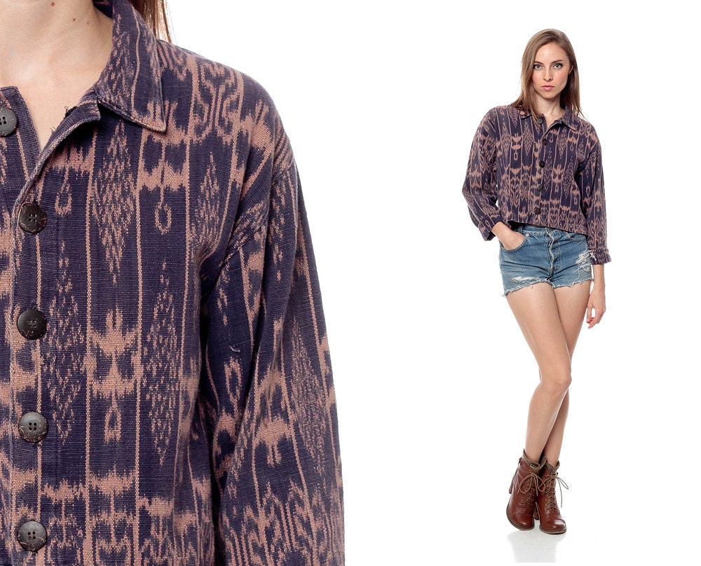 SOUTHWESTERN Jacket 90s Cropped AZTEC PRINT Southwest Boho Button Up Vintage 1990s Coat Crop Grunge Purple Women  Extra Small Medium