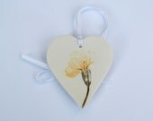Heart Hanging Decoration - Yellow Primrose Flower - Mothers Day Gift - Porcelain Ceramic