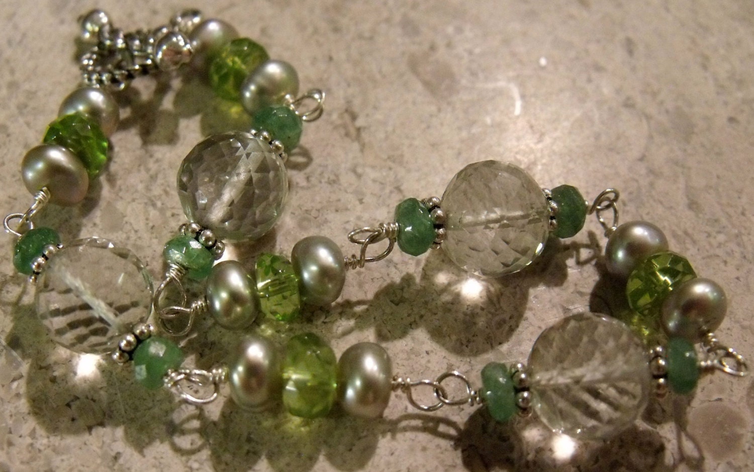 Green Amethyst, Tsavorite Garnet, Peridot, Freshwater Pearl and Sterling Silver Wire Wrapped Bracelet
