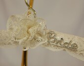 Padded WeDDING HANGeR - HANGER COUTURE - Rhinstone Brooch - Ecru Lacey Lace Trim with Lace Fan and Brooch