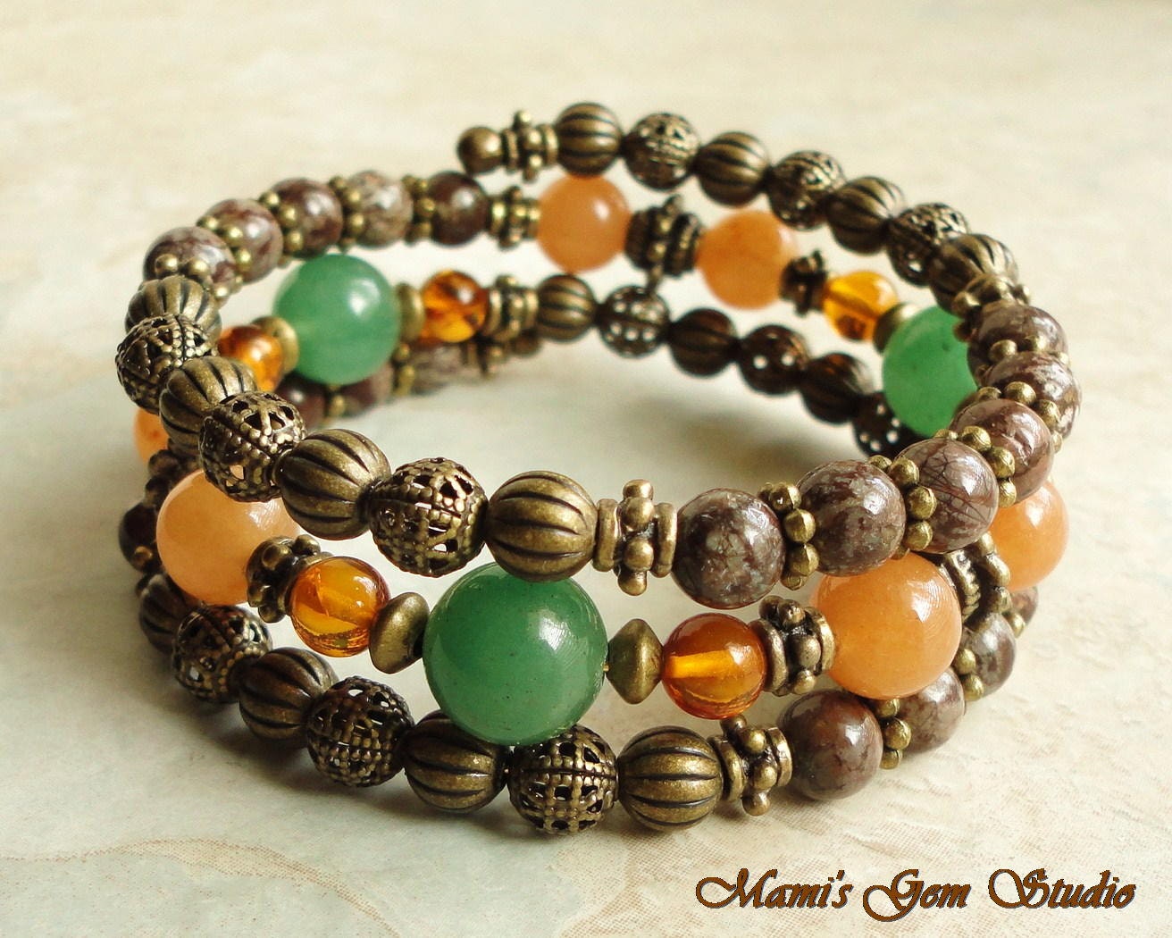 Memory Wire Bracelet, Boho Gypsy Bangle, Brown Orange Natural Stone, Amber, Brass