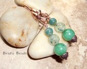 Spring Green Stone Dangle Earrings in Dyed Green Quartz, Prehnite, Moss Agate with Copper Leaf Earwire