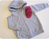 SALE, Infant Girl Hoodie, Heather Grey Zip Sweater, 12 Month, Ready To Ship, Plum Pink Flower Cluster, Embellished