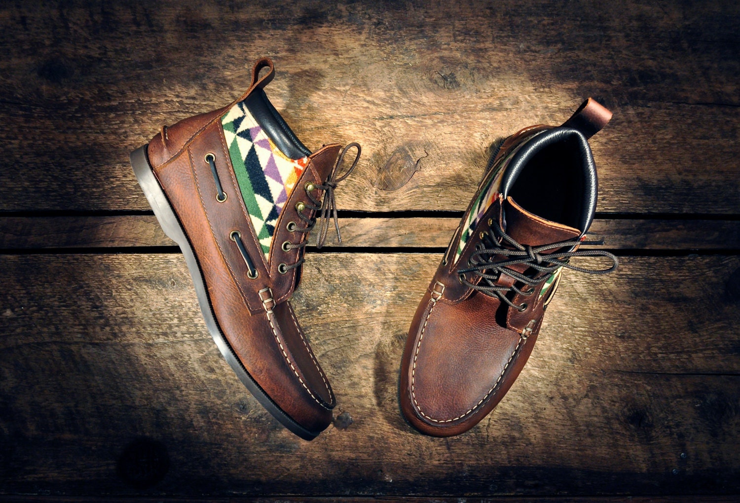 Handcrafted HIGHTOP Leather Boat Shoes - Oiled Tan Cowhide with Southwest Inspired Patterned Wool Details - MADE to ORDER