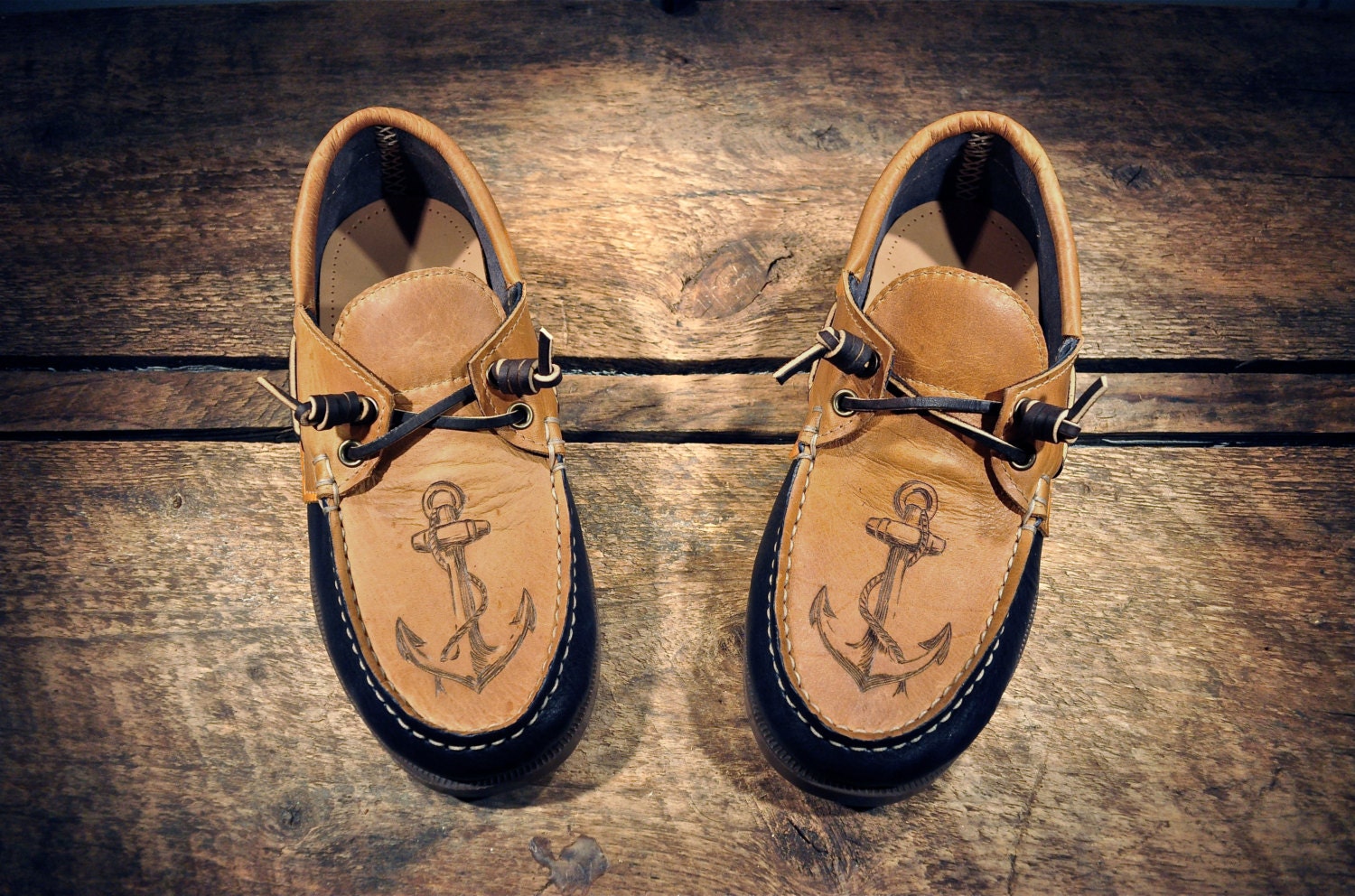 Navy & Waxed Tan Cowhide Boat Shoes with etched ANCHORs - Navy blue cowhide lined - MADE TO ORDER