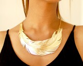 Leather Feather Necklace, Metallic Gold Feather Jewelry -Statement Necklace