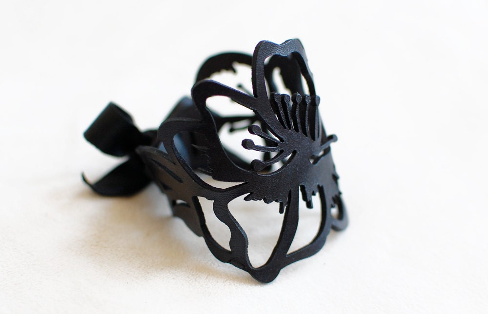 Leather Cuff Bracelet - "Lily" Bracelet in Black Leather -
