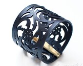 Leather Cuff Bracelet - "Rose Lace" Bracelet in Black Leather