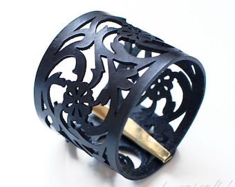 Leather Cuff Bracelet - "Rose Lace" Bracelet in Black Leather