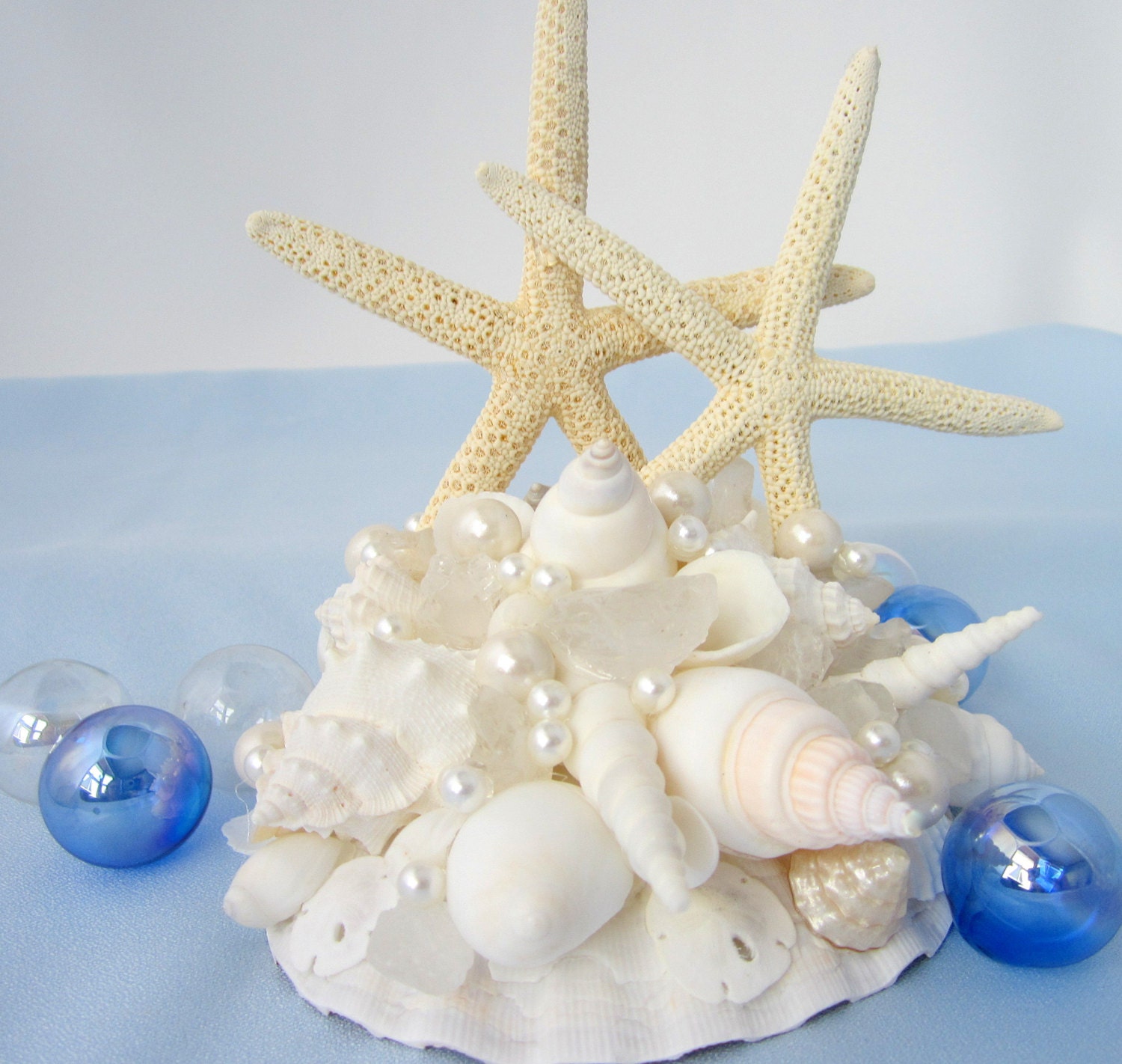 Beach Wedding Starfish Cake Topper - Wedding Cake Topper w 2 White Starfish, Sea Glass & Seashells