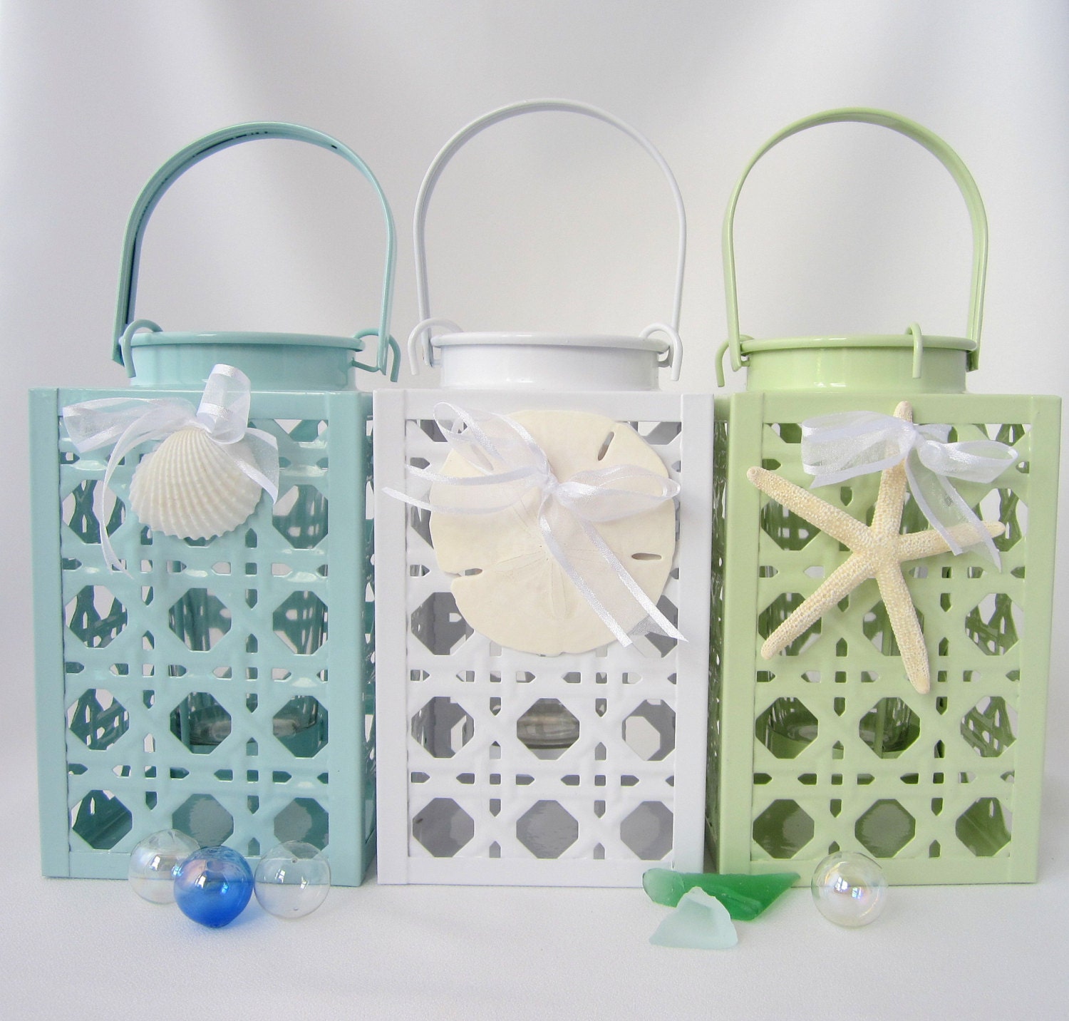 Beach Decor Seashell Candle Lantern - Nautical Starfish Luminary in Aqua, Green or White
