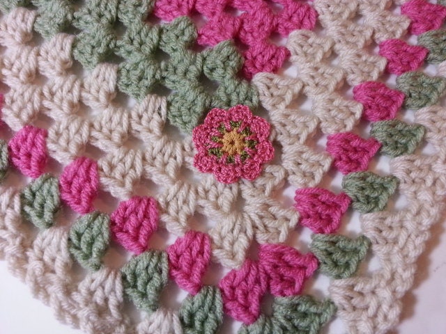 Crochet Modified Granny Square Baby Blanket in Green, Pink and Ivory- Handmade Blanket