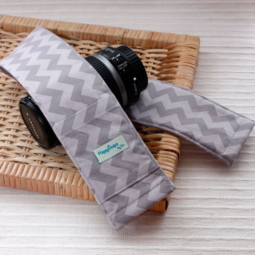 DSLR Camera Strap Cover with Padding and Lens Cap Pocket - Small Chevron Tone on Tone in Gray