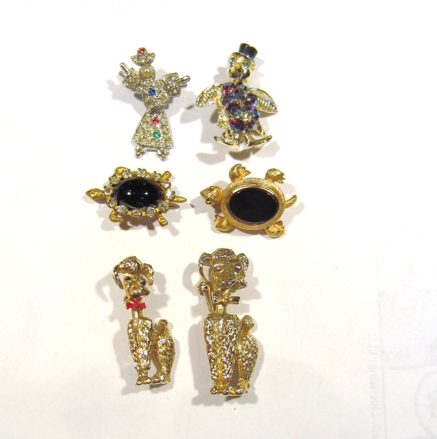 Six vintage pins - dancer, penguin, turtles, poodles